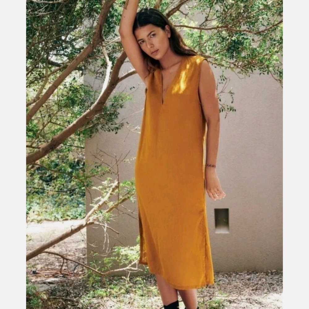 Zara 100% Linen Sleeveless Ochre Midi Dress